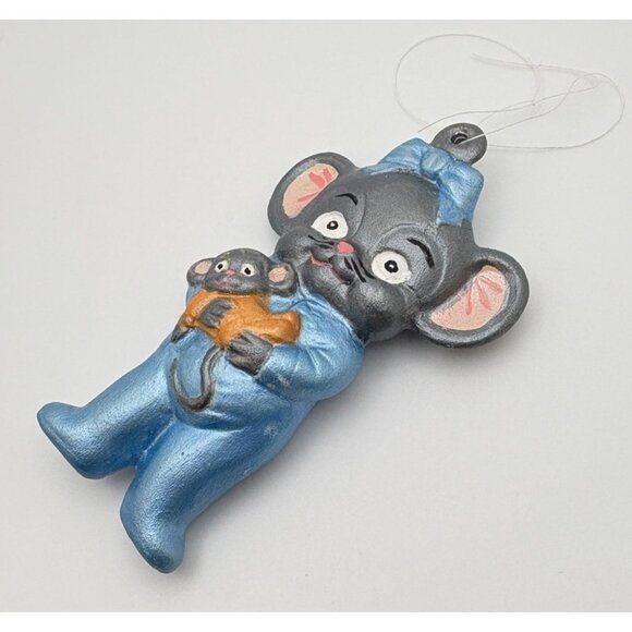 Vintage Sleepy Mouse Christmas Ornament Hand Painted Blue Pajamas - Picture 4 of 6